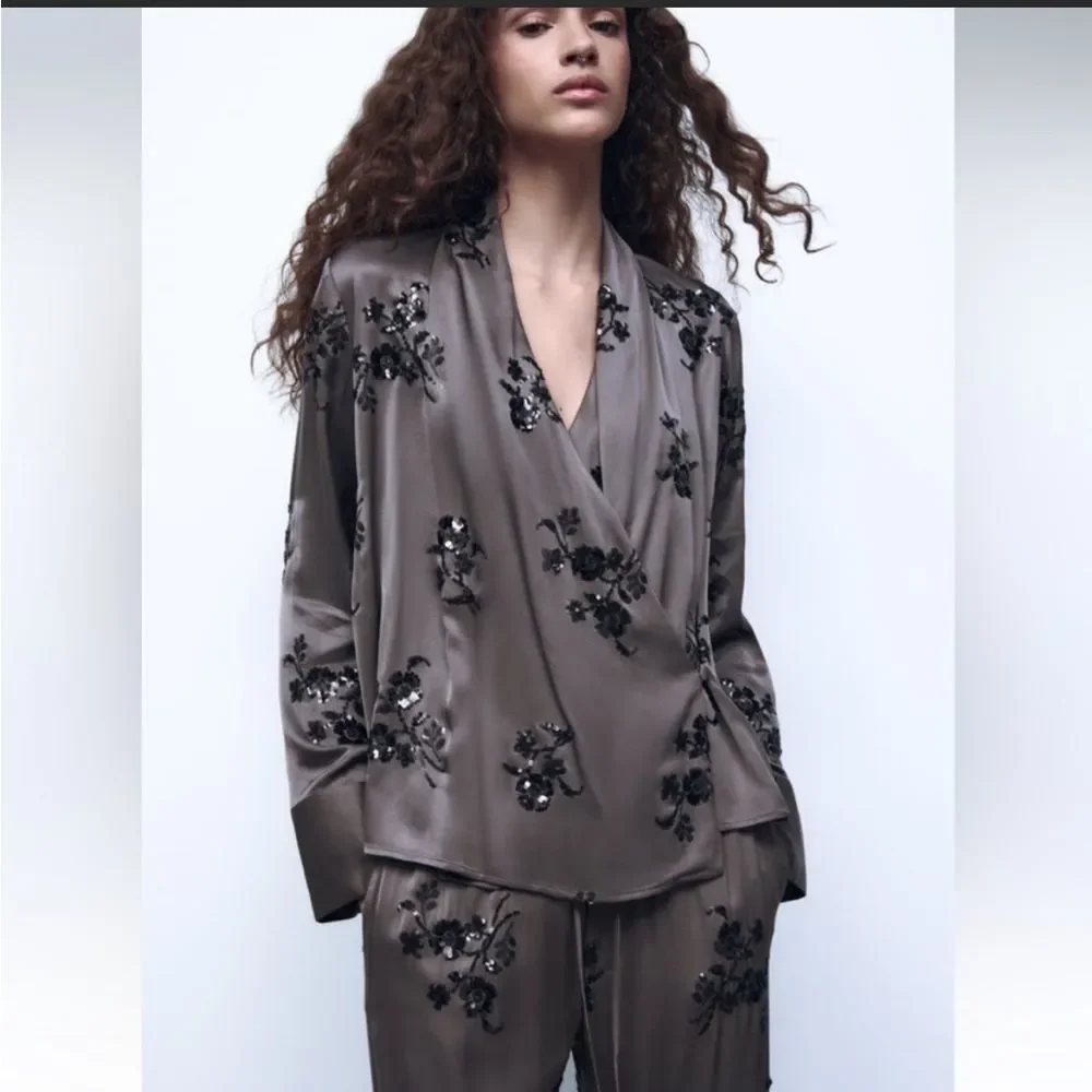 ⛔️ PENDING SALE⛔️ZARA SEQUIN EMBROIDERED WRAPBLOUSE MINK 2731/281/191/021 - Picture 1 of 12